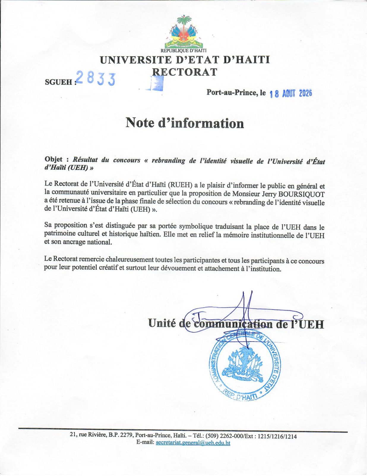 Résultat du concours « rebranding de l’identité visuelle de l’Université d’État d’Haïti (UEH) »