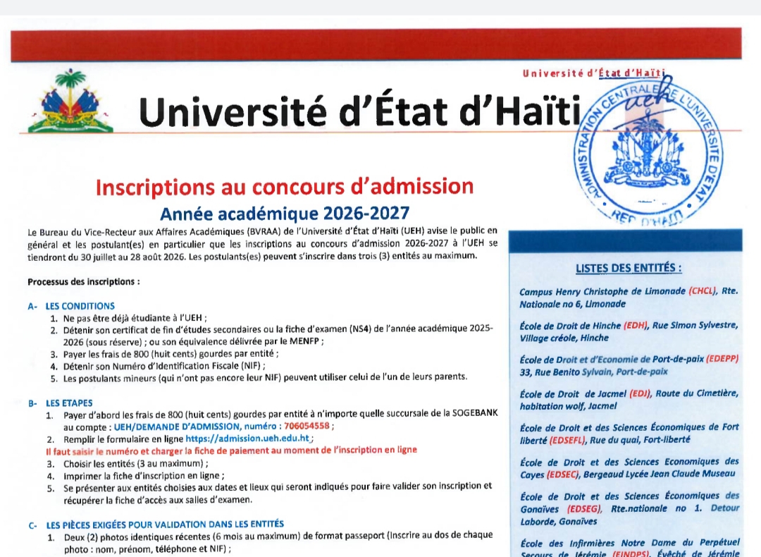 Avis d'inscriptions au concours d'admission à l'Université d'Etat d'Haïti pour l'année académique 2026-2027