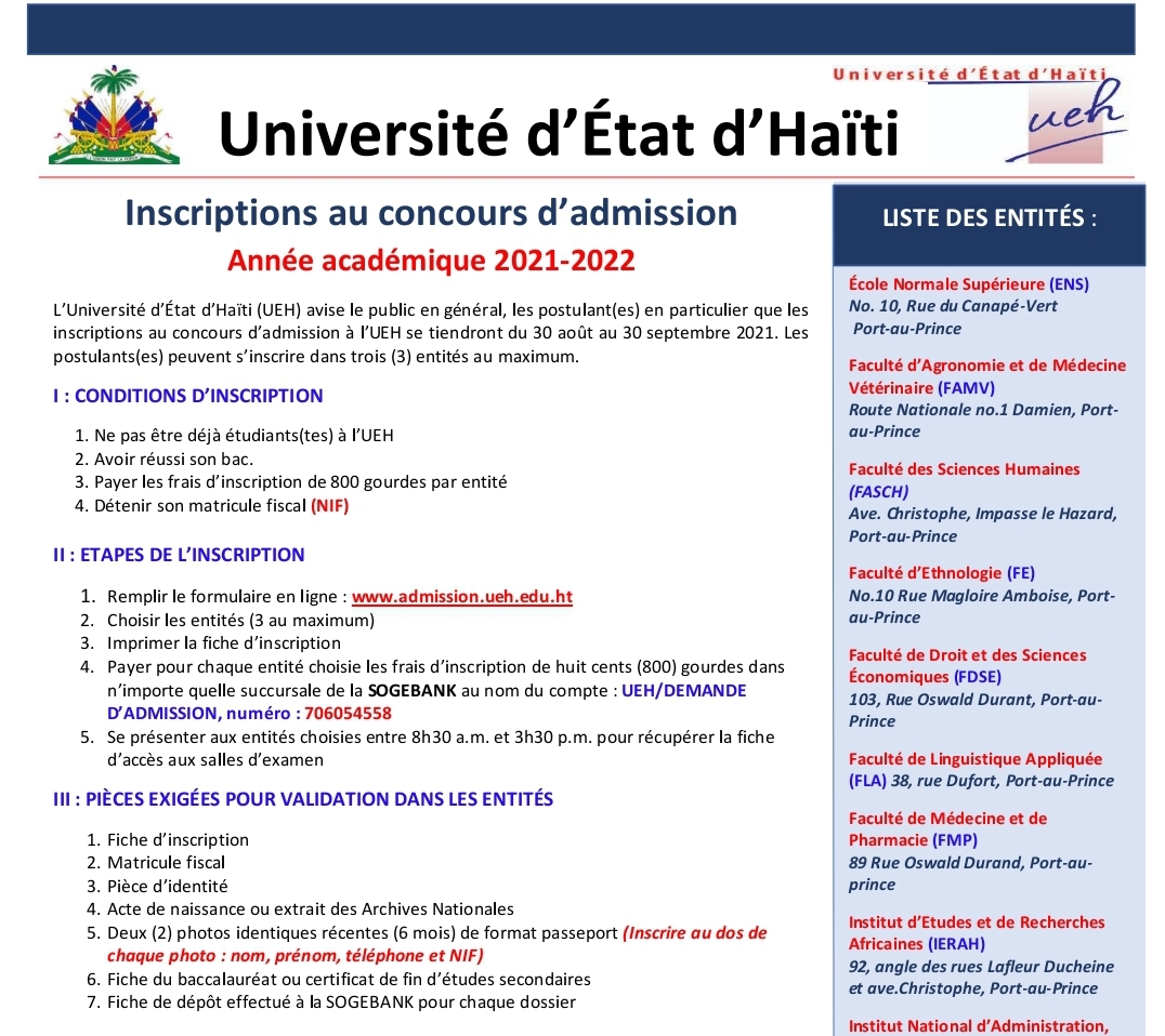 Lancement du processus d’inscriptions au concours d’admission à l’Université d’État d’Haïti pour l’année académique 2021-2022