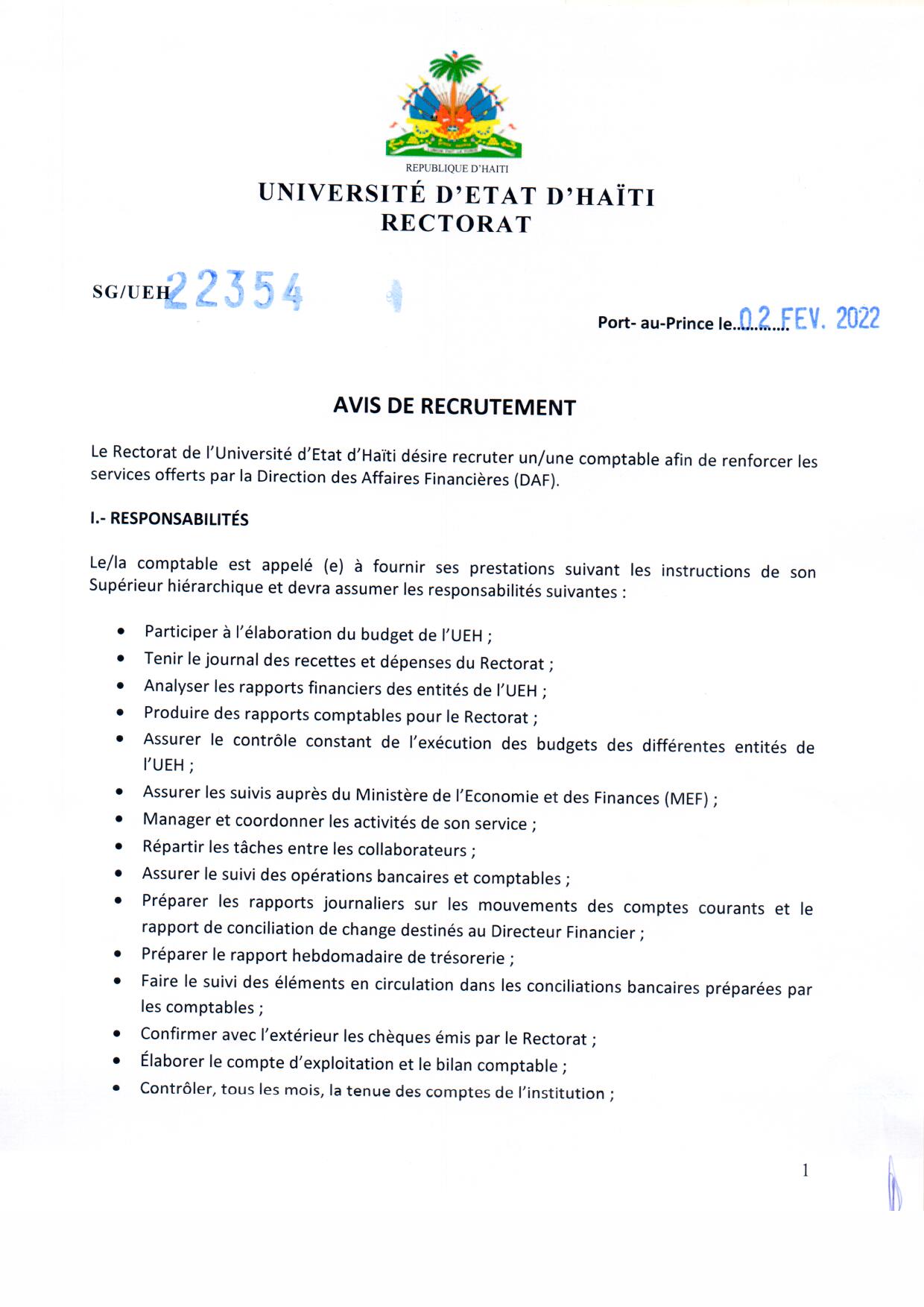 Avis de recrutement d’un-e comptable pour renforcer les services offerts par la Direction des Affaires Financières de l’UEH