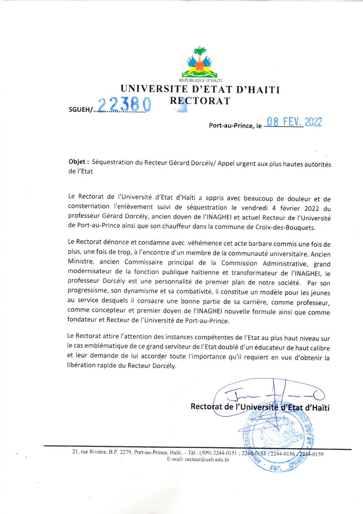 Séquestration du Recteur Gérard Dorcély/ Appel urgent aux plus hautes autorités de l’Etat