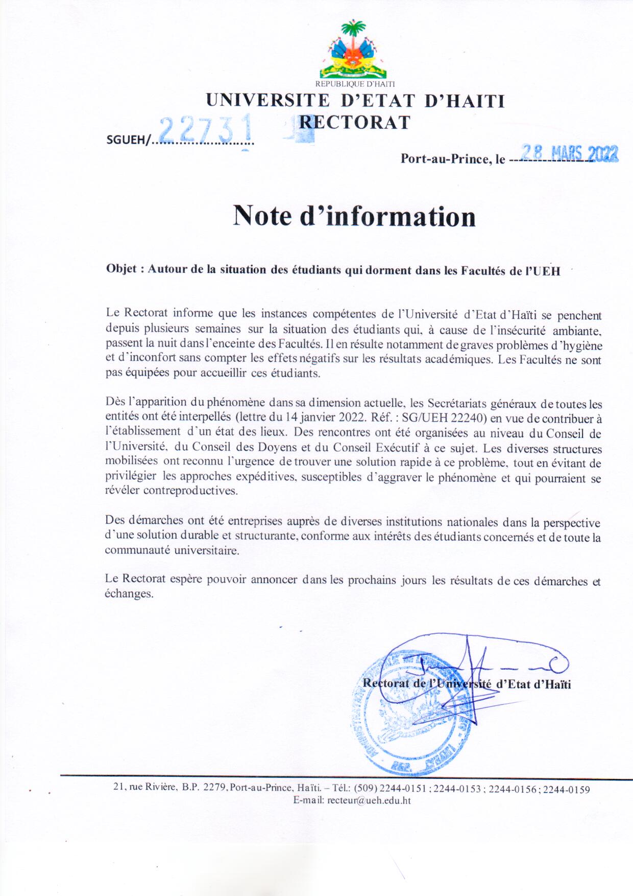 Autour de la situation des étudiants qui dorment dans les Facultés de l’UEH