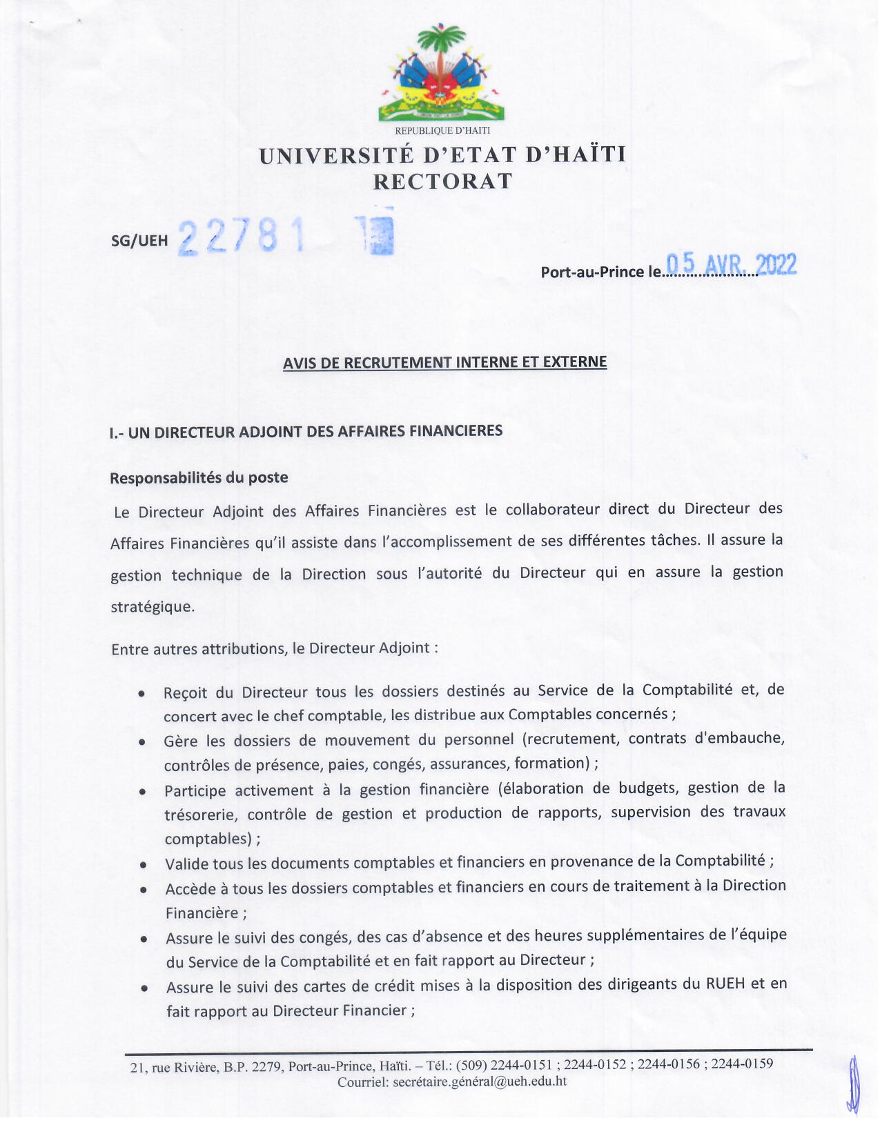 Avis de recrutement d’un Directeur Adjoint des Affaires Financières, d’un Chef comptable, d’un Comptable et d’une Secrétaire