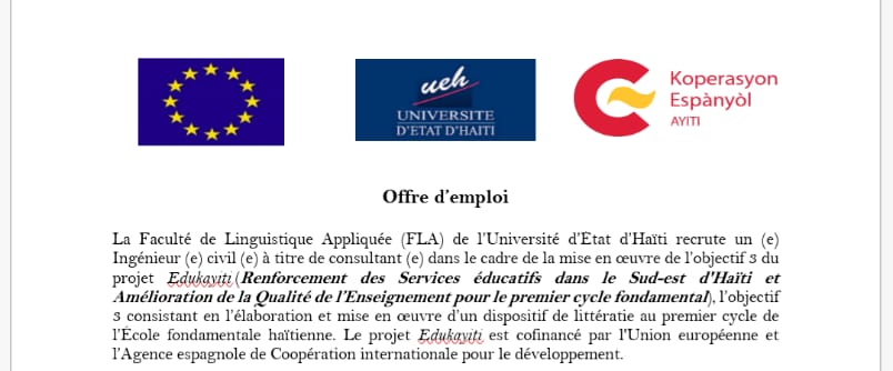 Offre d’emploi: La Faculté de Linguistique Appliquée (FLA) de l’Université d’État d’Haïti recrute un (e) Ingénieur (e) civil (e) à titre de consultant (e)