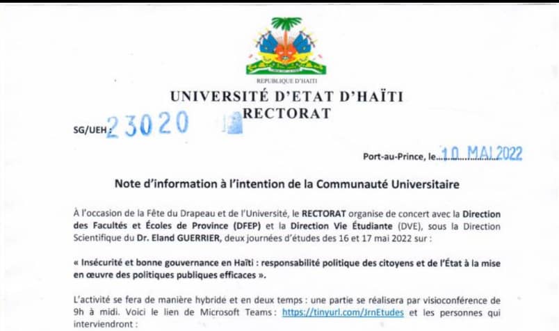 UEH: Journées d’études sur l’insécurité en Haïti, 16 et 17 mai 2022