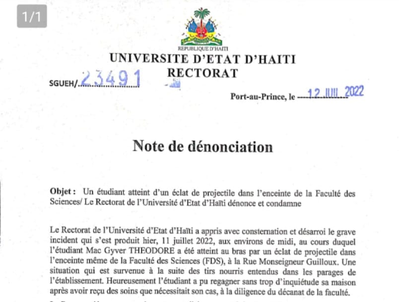 Un étudiant atteint d’un éclat de projectile dans l’enceinte de la Faculté des Sciences/ Le Rectorat de l’Université d’Etat d’Haïti dénonce et condamne