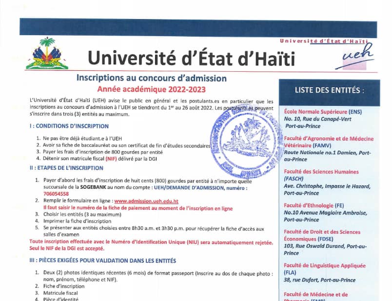 UEH_Lancement des inscriptions au concours d’admission pour l’année académique 2022-2023