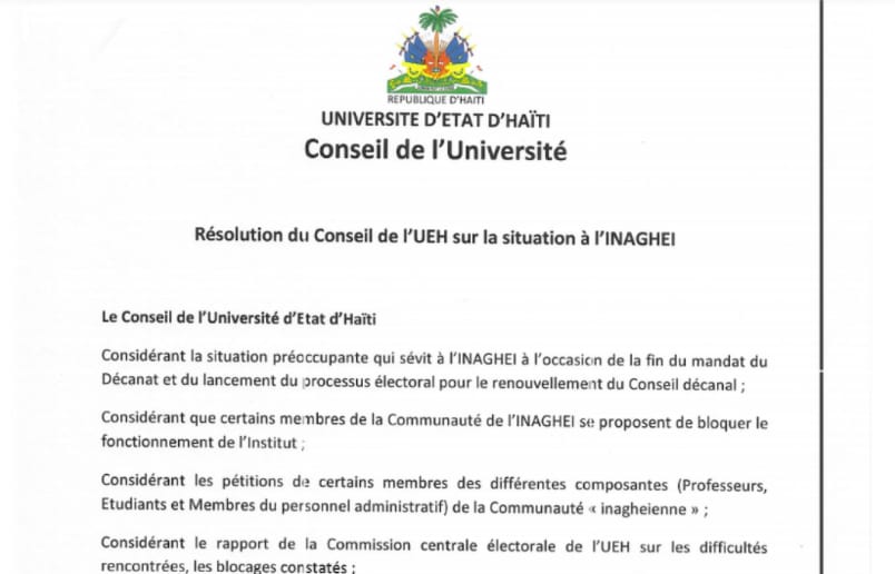 Résolution du Conseil de l’UEH sur la situation à l’INAGHEI