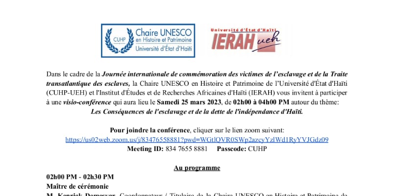 Chaire Unesco en Histoire et Patrimoine: Visio-conférence dans le cadre de la Journée internationale de commémoration des victimes de l’esclavage et de la Traite transatlantique des esclaves