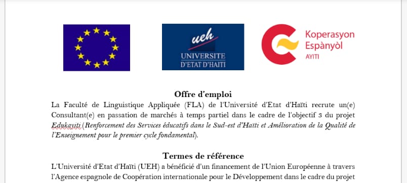 Offre d’emploi_La Faculté de Linguistique Appliquée (FLA) de l’Université d’État d’Haïti recrute un(e) Consultant(e) en passation de marchés à temps partiel