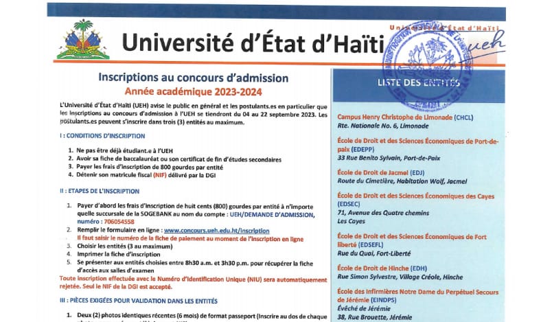 UEH: Inscriptions au concours d’admission pour l’année académique 2023-2024