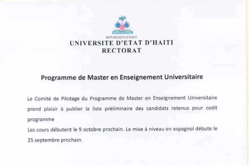Publication de la liste préliminaire des candidats retenus pour le programme de Master en Enseignement universitaire