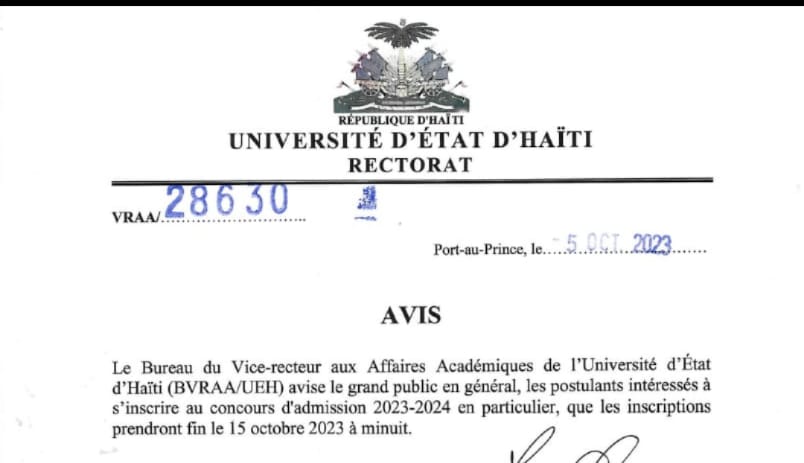 Avis annonçant la date de clôture des inscriptions au concours d’admission de l’UEH pour l’année académique 2023-2024