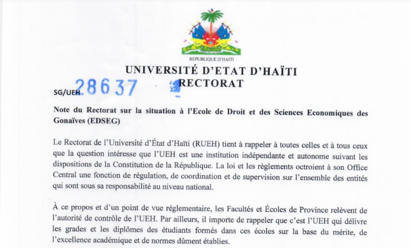 Note du Rectorat sur la situation de l’Ecole de Droit et des Sciences Economiques des Gonaïves (EDSEG)