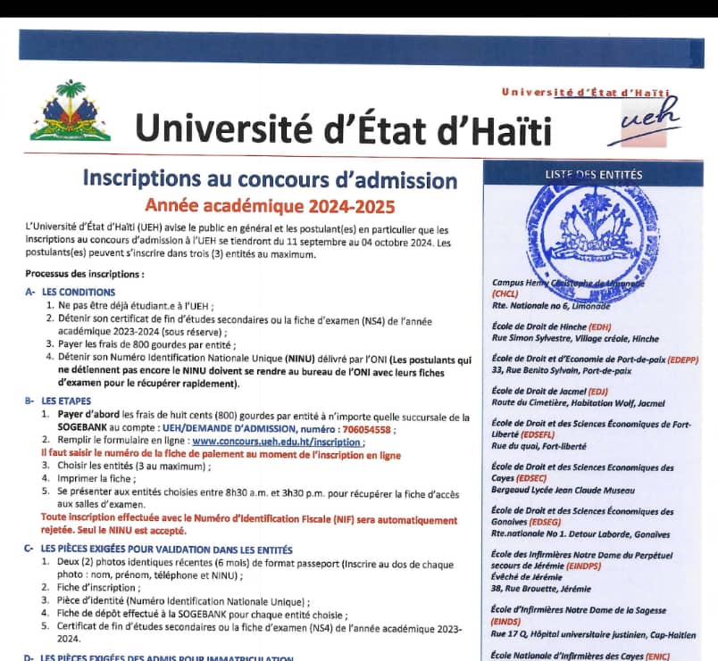 Lancement des inscriptions au concours d’admission à l’UEH pour l’année académique 2024-2025