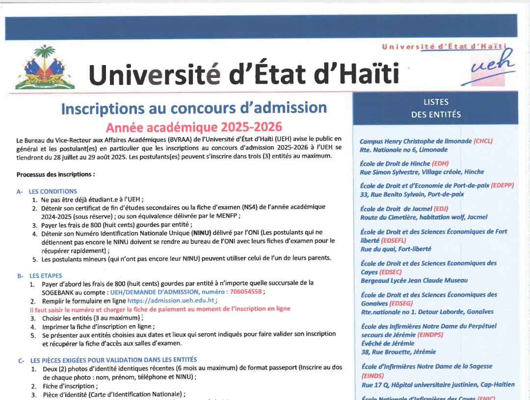 Lancement des inscriptions au concours d’admission à l’Université d’Etat d’Haïti pour l’année académique 2025-2026