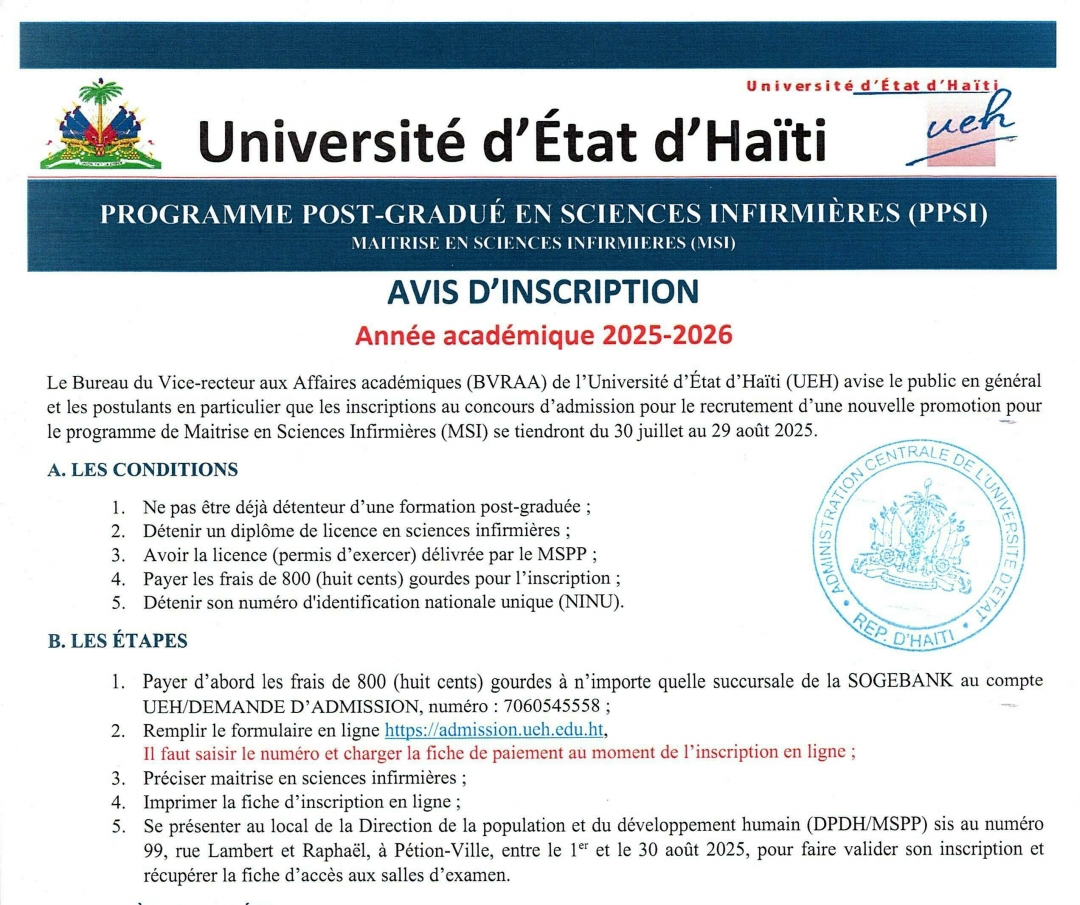 Avis d’inscriptions au Progamme de Maîtrise en Sciences infirmières de l’UEH