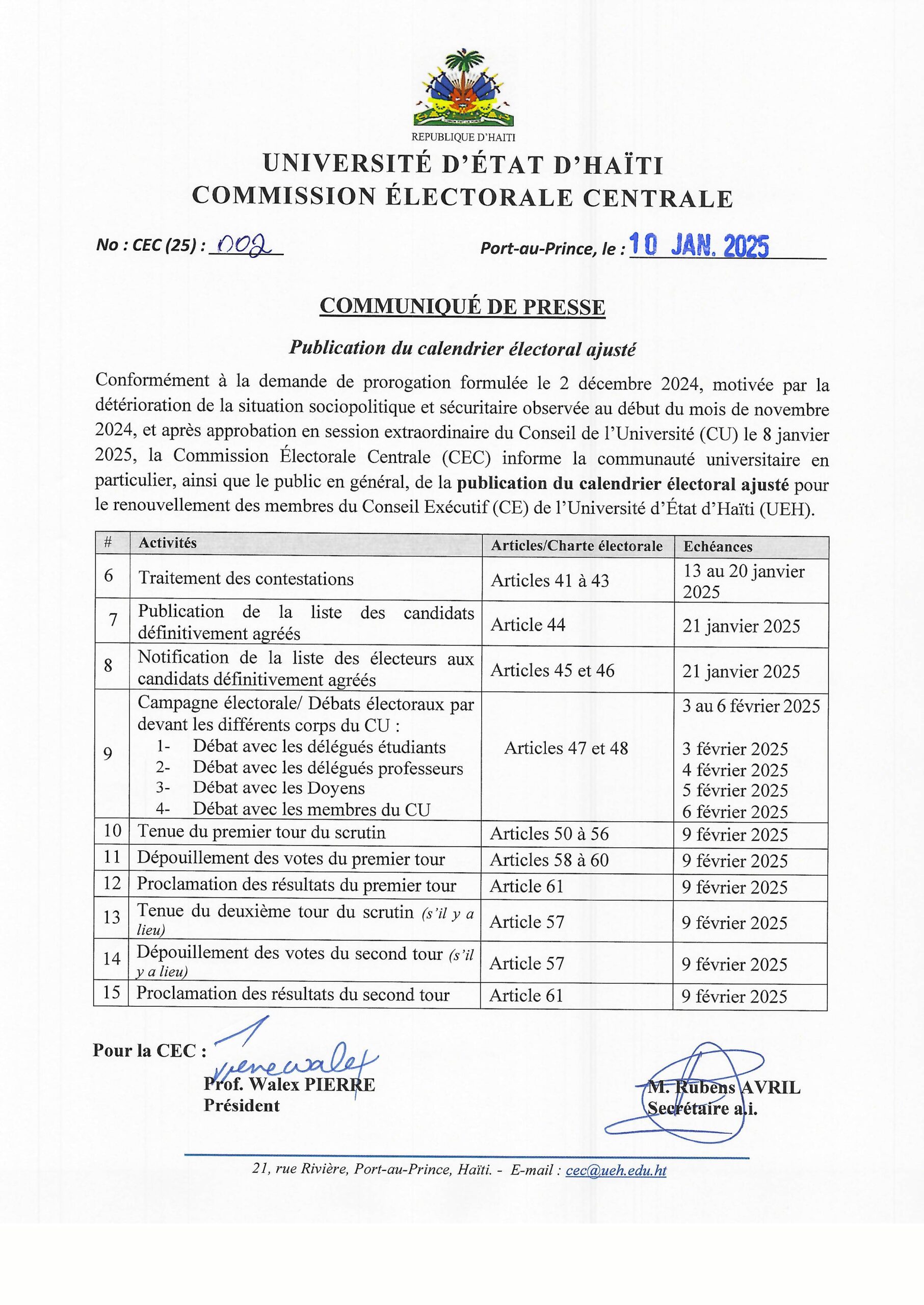 UEH : 9 février 2025, nouvelle date retenue pour la tenue des élections en vue du renouvellement des membres du Conseil Exécutif