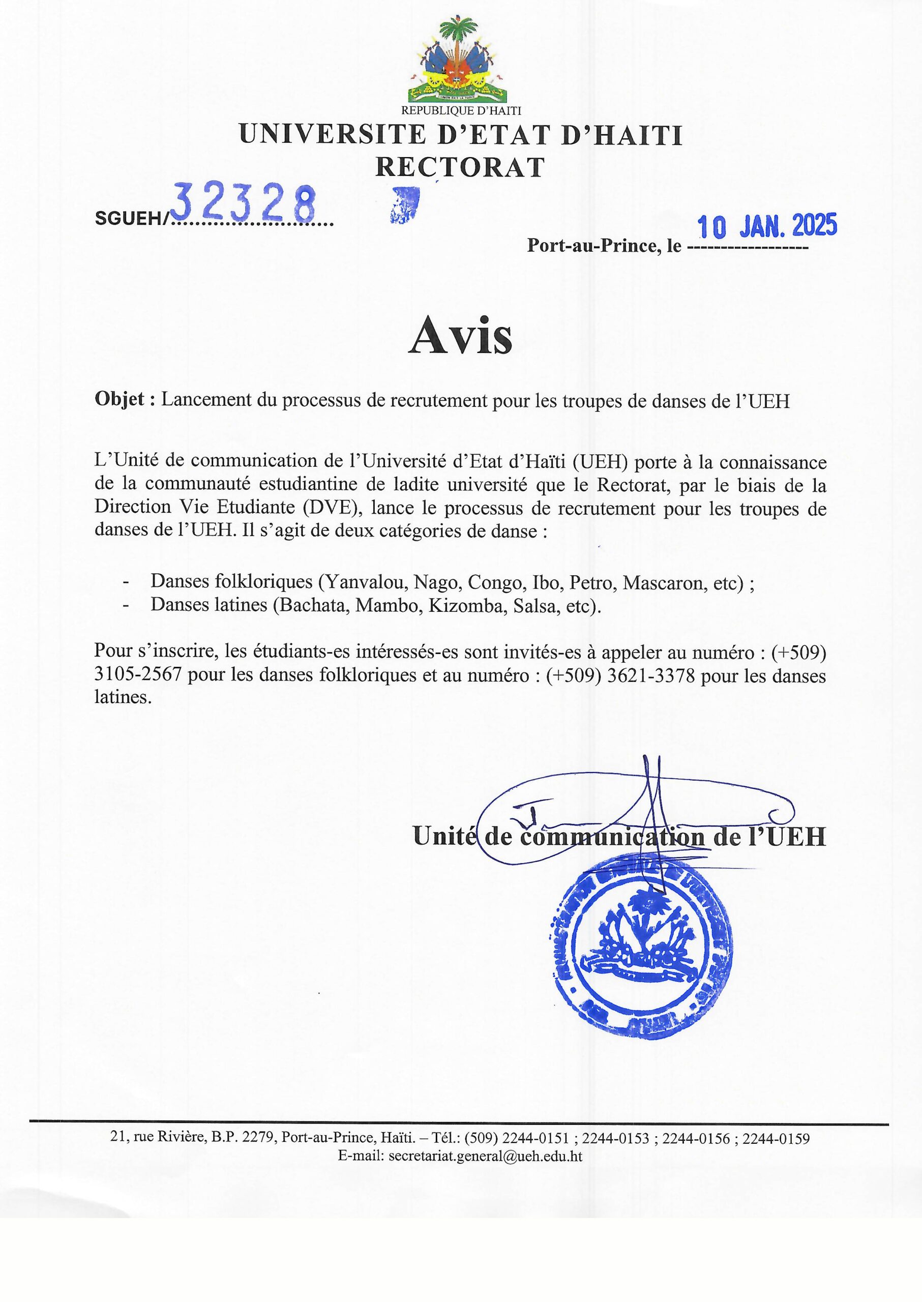 Lancement du processus de recrutement pour les troupes de danses de l’UEH