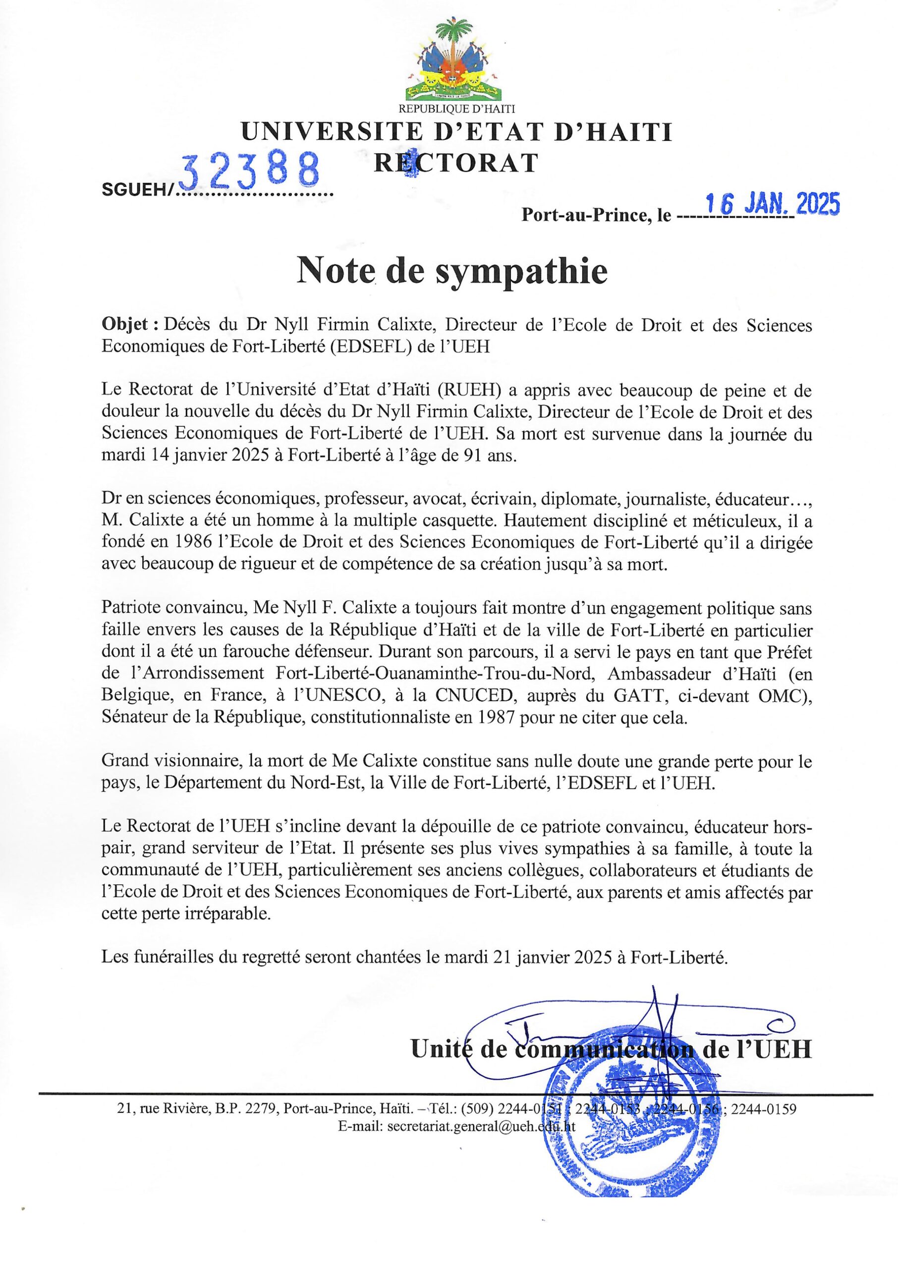 Décès du Dr Nyll Firmin Calixte, Directeur de l’Ecole de Droit et des Sciences Economiques de Fort-Liberté (EDSEFL) de l’UEH