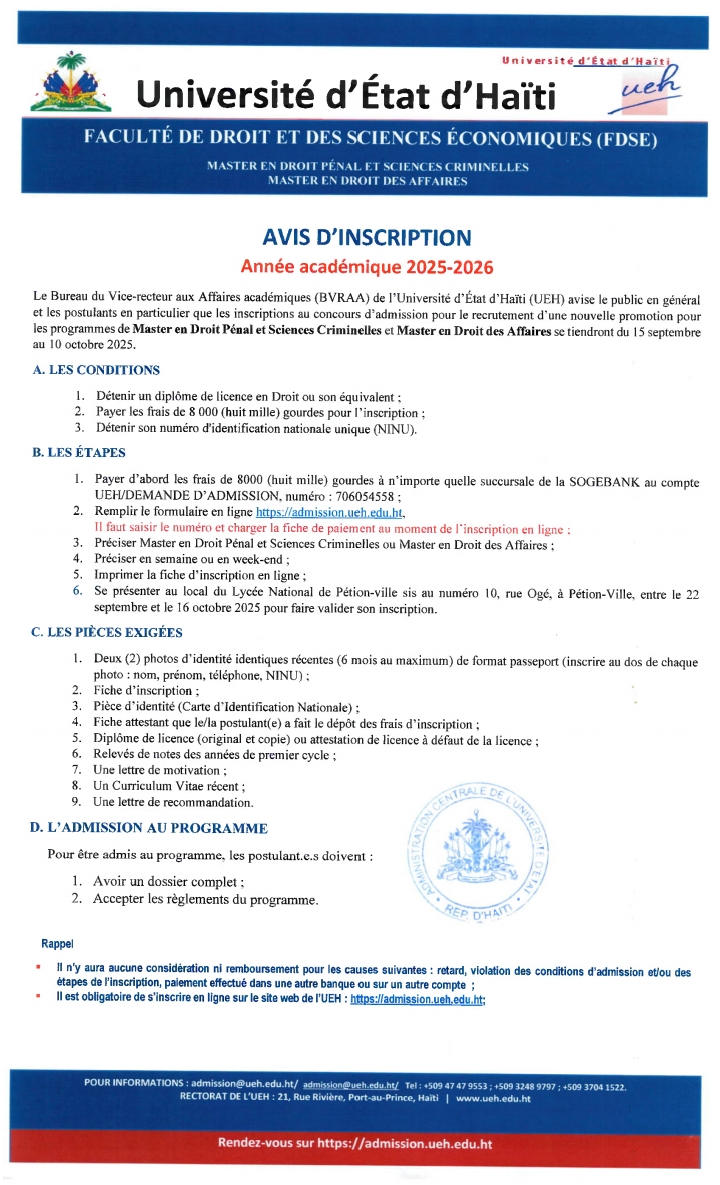 Avis d’inscription aux programmes de Master en Droit pénal et Sciences criminelles et Master en Droit des Affaires