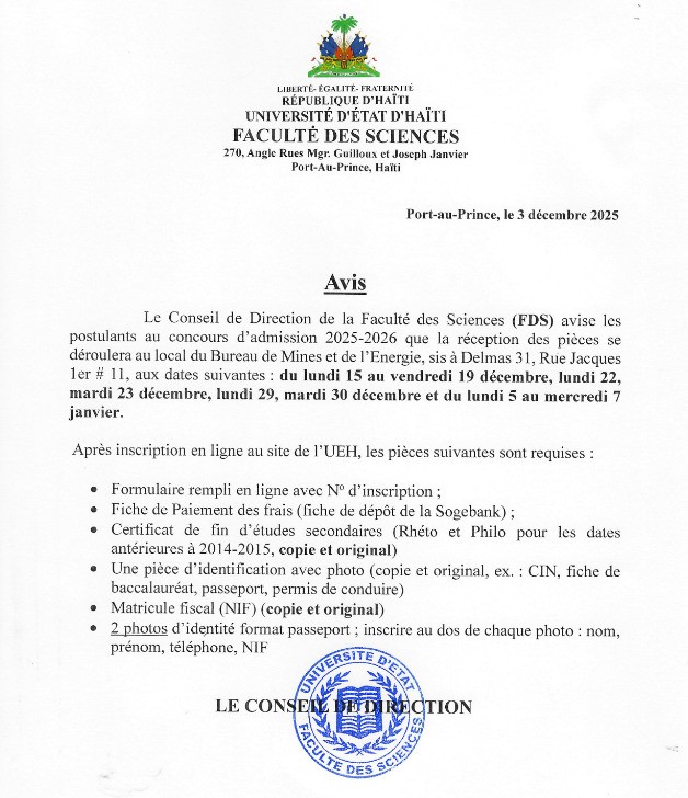 Avis de la Faculté des Sciences de l’UEH relatif au processus de validation des inscriptions au concours d’admission 2025-2026