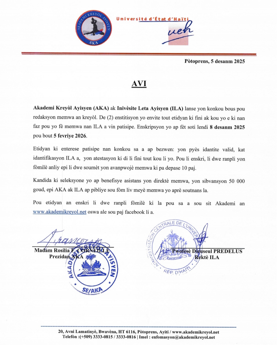 Avi sou konkou bous pou redaksyon memwa an kreyòl » Akademi Kreyòl Ayisyen an lanse nan tèt kole ak Inivèsite Leta Ayiti a
