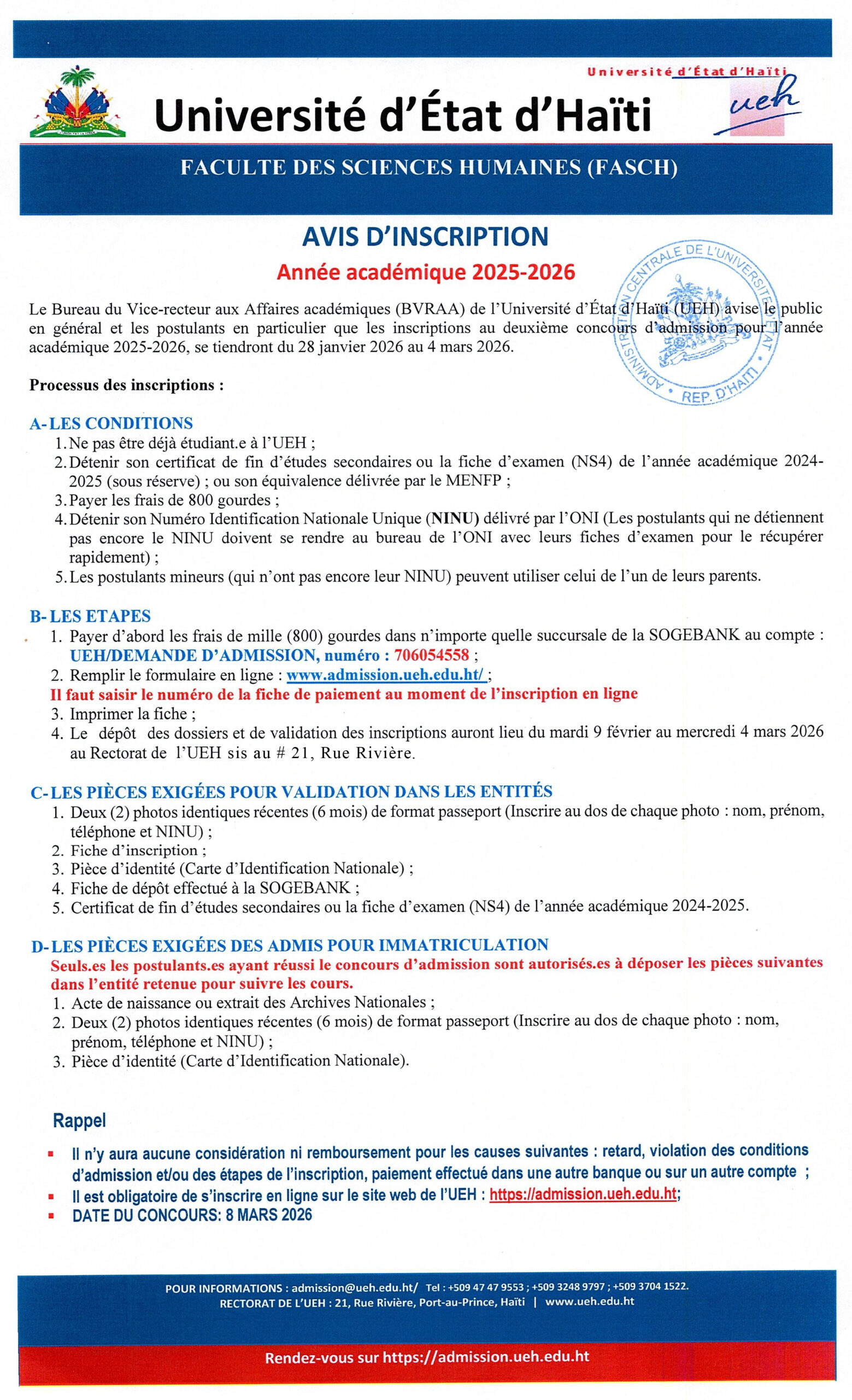 Avis d’inscription au deuxième concours d’admission de la Faculté des Sciences Humaines pour l’année académique 2025-2026