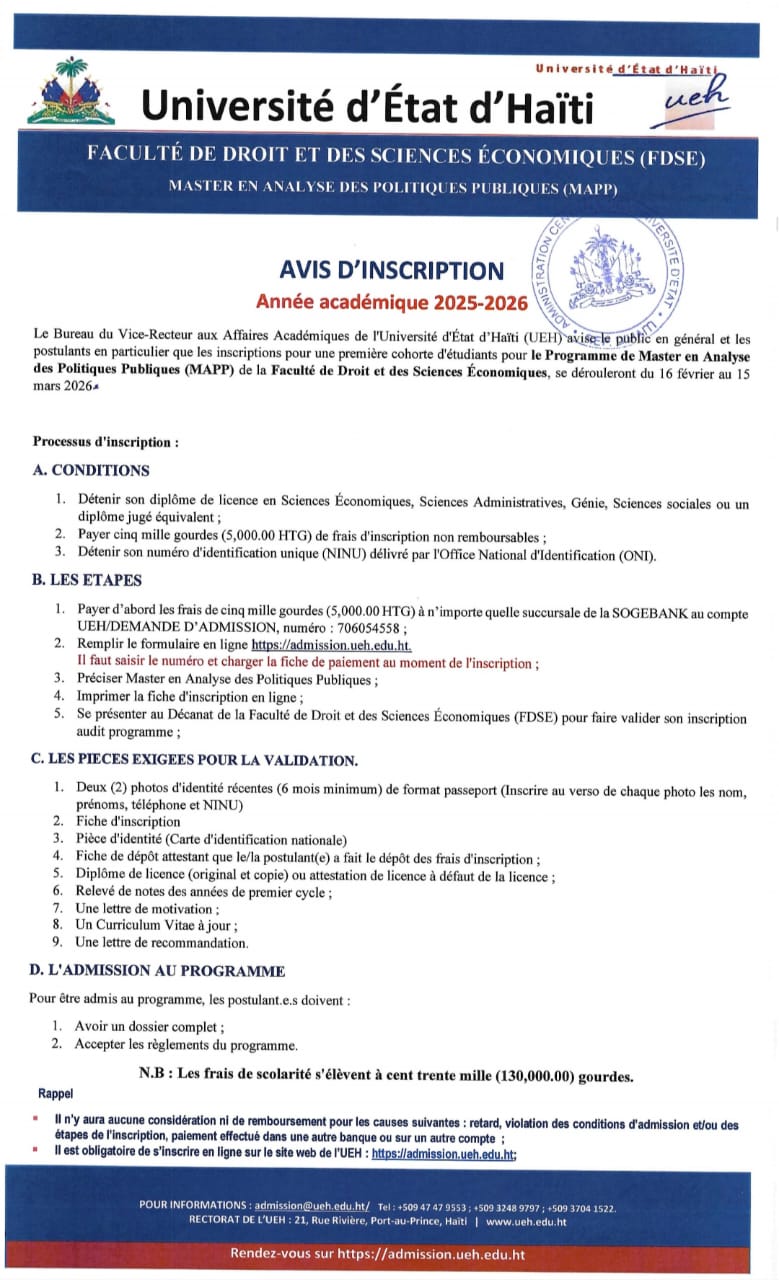 Ouverture des inscriptions pour le programme de Master en Analyse des politiques Publiques (MAPP)
