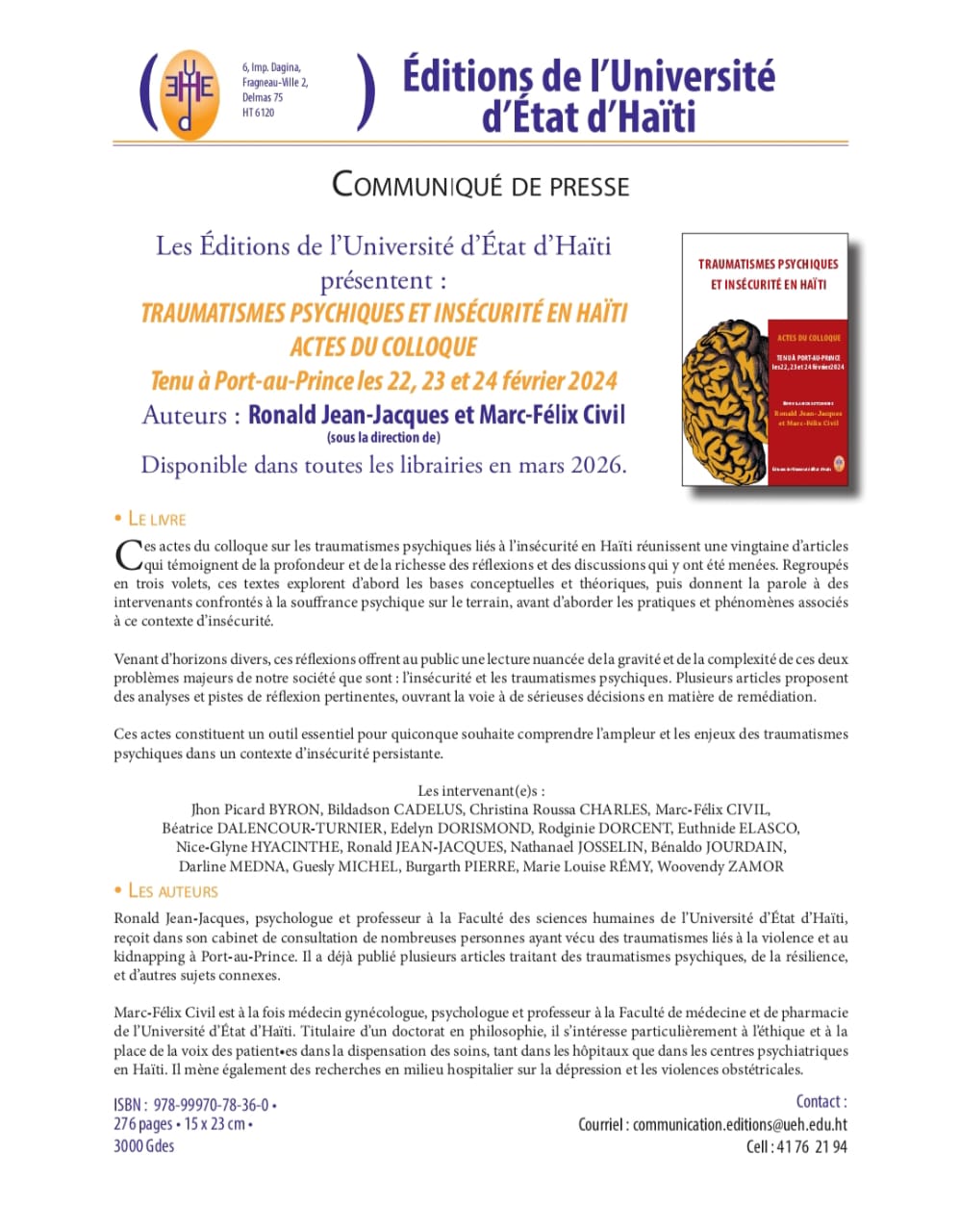 Les Editions de l’UEH présentent l’ouvrage: « Traumatismes psychiques et Insécurité en Haïti »